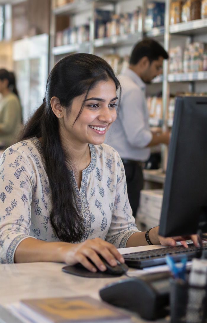 A smiling staff member at her PC after Xpress Genie fixed her problem