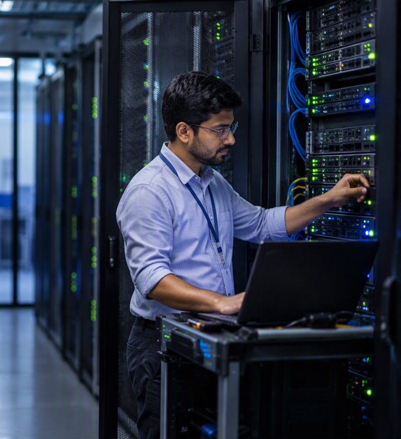 An Xpress support technician working on a server rack
