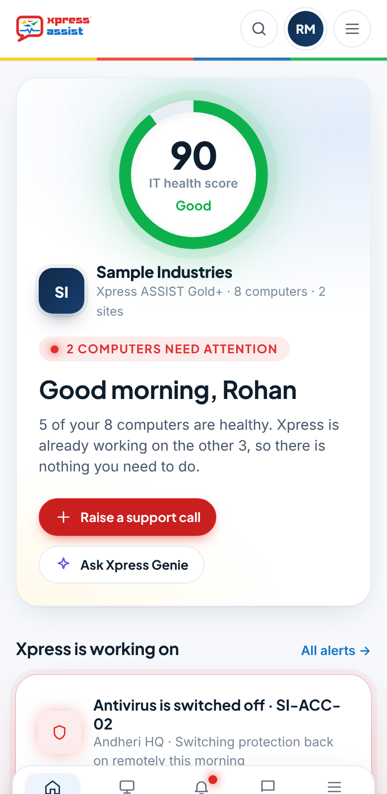 Control panel on a phone